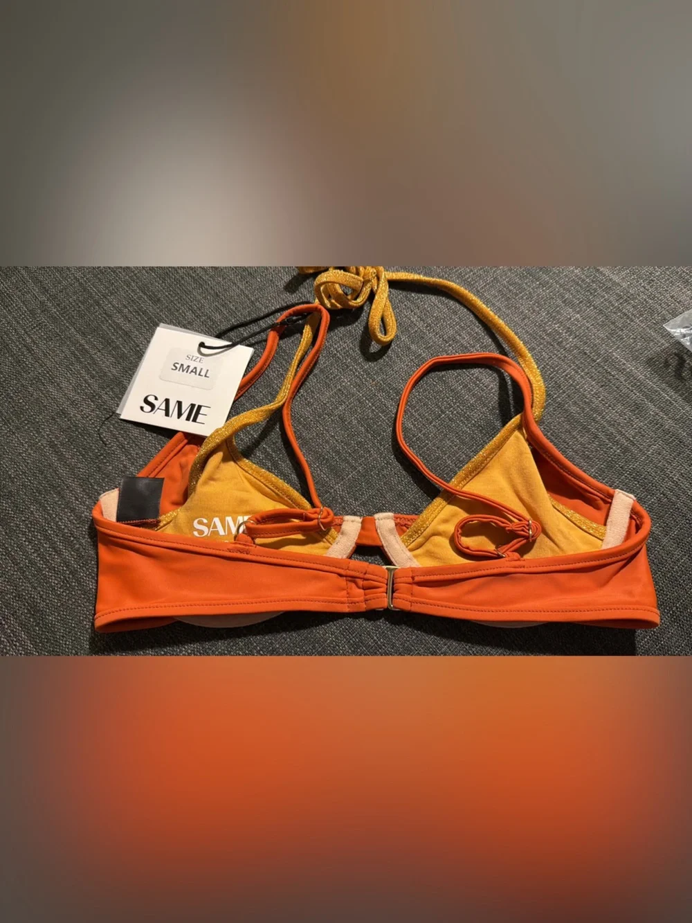 SAME Orange Bikini Top with Gold Halter Straps - Small